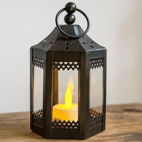 VELA Lanterns Mini Small 4.5 Inch Metal Moroccan Lanterns Decorative Candle Tealight Holders for Centerpieces, Home Decor, Halloween, Weddings, Black, Set of 6