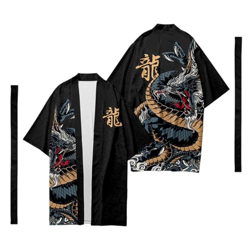 Mens Loose 3/4 Wide Sleeve Kimono Longline Yukata Robe Gown Tops Shirt Haori Coat Japanese Style Black-4, 4XL