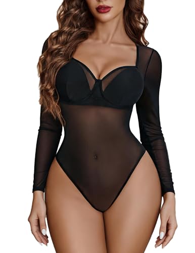 Image of Avidlove Women Long Sleeve Bodysuit V Neck Body Suits Mesh One Piece Shirt Going Out Tops Outfits (Black, Large)