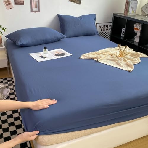 Daesar Sabana Bajera con 2 Almohadas,Bajera Algodón Lavado Color Sólido Sábanas Bajeras Azul Marino,180 x 200 cm