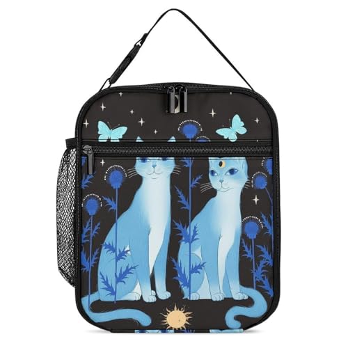 Supdreamc Women Men Blue Cats Garden Thistles Butterflies Moon Stars Art Lunch Box Sandwich Bag for Work Office, Multi-Purpose Insulated Interior Gourmet Tote Pouch Container