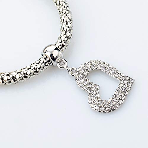 Long Way 3Pcs Gold Silver Rose Gold Plated Charm Bracelet For Women Stretch Crystal Multilayer Bracelet (Heart) #TOP2