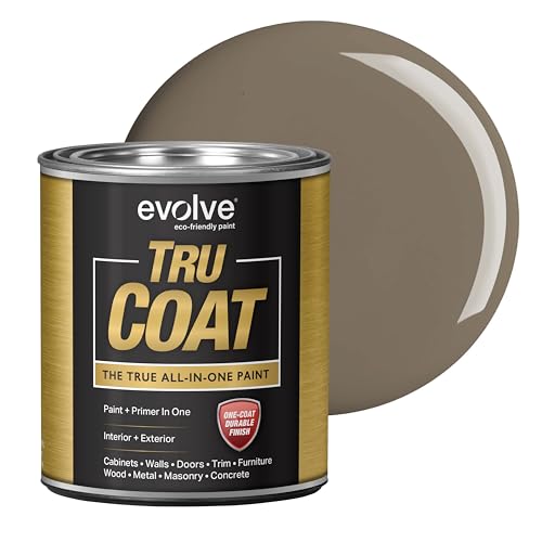 EVOLVE Tru Coat All-In-One Paint & Primer, Quart, Satin Fairhaven Taupe – Interior/Exterior, One Coat Durable Multi-Surface Paint for Cabinets, Furniture, Walls & Doors