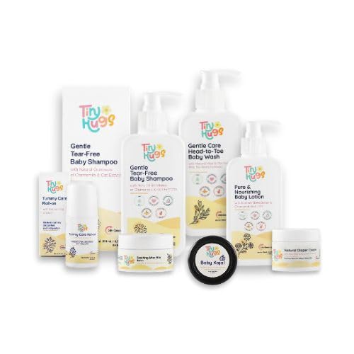 TinyHugs Newborn Baby Gift Set with Free Gift (Pack of 7) | Baby Gifts for Newborn & 1+ Year | Baby Care Combo – Baby Wash, Shampoo, Lotion, Diaper Rash Cream, Tummy Roll-On, After Bite Balm & Kajal