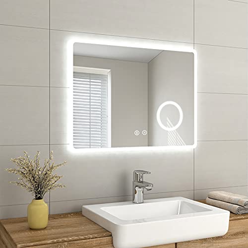 EMKE LED Bathroom Mirror with Shaver Socket 800x600mm, Bluetooth Bathroom Mirror with Lights, Backlit Wall Mounted LED Mirror with 3X Magnifier, Bluetooth Speaker, Horizontal, IP44