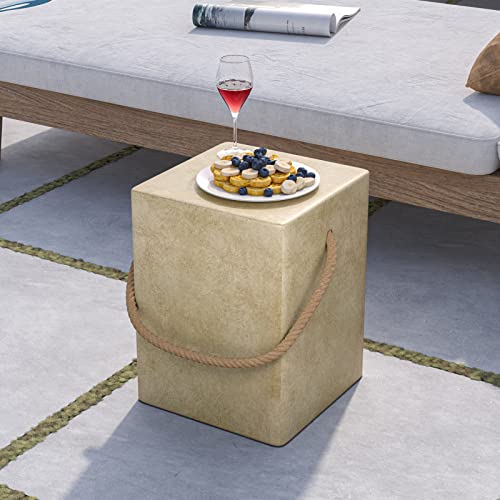 Cosiest Concrete Side Table, Rectangular Outdoor Side Table W Hemp Rope Handles,15''Patio Side Tables End Table, Outdoor Accent Side Table For Garden And Patio, Beige #TOP1