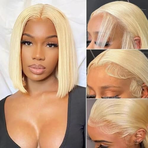 Peluca de cabello humano natural rubio hueso liso de alta calidad con encaje frontal 4