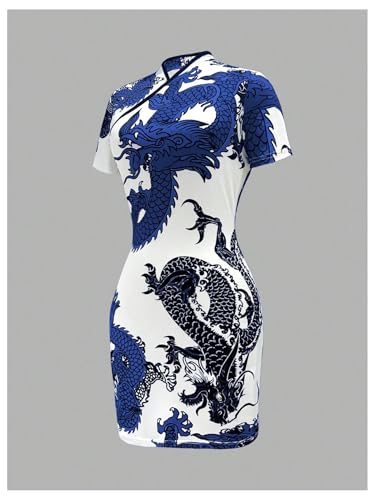 Image of Floerns Women's Cheongsam Chinese Traditional Dragon Print Qipao Bodycon Mini Dress