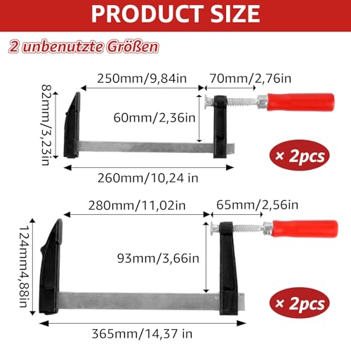 ZOFUN 4 Stück Schraubzwinge Set Schraubzwinge, Spannweite 300mm/200mm, Schraubzwingen Groß Zwingen, F-Klemmen Bar Clamp mit Rutschfestem Griff, Maultiefe 80mm/50mm aus Stahl für Holzbearbeitung