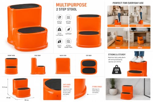 Image of Multipurpose Step Stool with Anti-Skid Surface for Home, Kitchen & Office | Premium Plastic Ladder Stool | 220 kg Hight Weight Load Capacity | 60 x 47 x 51.5 cm  (Mango Orange)
