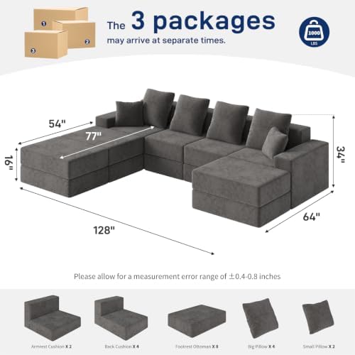 Living&Giving 128" U-Shaped Cloud Sectional Couch for Living Room, Cloud Boneless Couch-No Assembly with Reversible Chaise, Customizable 4-Seat Modular Sectional Sofa with 3 Ottoman,Dark Grey - 1
