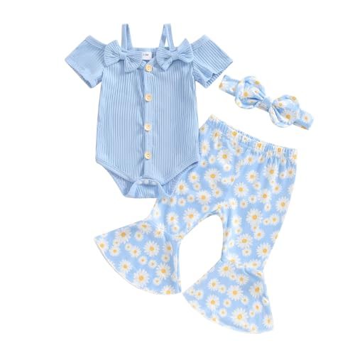 Image of Doisbetthsay Baby Girl Outfits Summer Short Sleeve Cold Shoulder Ribbed Romper Flare Pants Set Headband Newborn Clothes (A Blue, 0-3 Months)