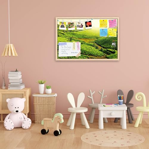 Image of ArtzFolio Tea Plantations, Munnar, Kerala | Bulletin Board Notice Pin Board | Vision Soft Board Combo with Thumb Push Pins & Sticky Notes | Natural Brown Frame | 30 x 20 inch (76 x 51 cms)