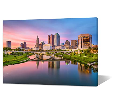 US City Columbus Wall Art, Framed Prints Ohio Skyline Cityscape Canvas Wall Decor Picture Painting Poster Ready to Hang(36x24 inches)