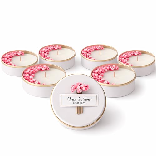 Personalized Natural Soy Wax Wedding Favor Candle Gift Set for Guest - Fall Winter Christmas Custom Dried Flower Bridal Baby Shower Gifts in Bulk (100 Pieces, Pink Flower)