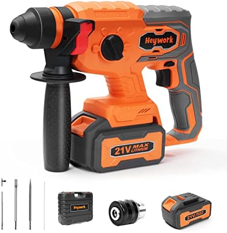 Heywork Cordless Rotary Hammer Drill, 4 Modes Variable Speed and Adjustable Handle, SDS-Plus Chuck Hammer Drill with 21V 2*4.0Ah Li-ion Battery and Charger, Electric Hammer Drill for Wall, Concrete.