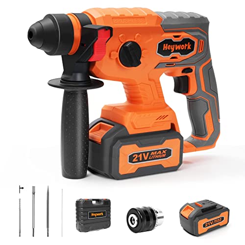 Heywork Cordless Rotary Hammer Drill, 4 Modes Variable Speed And Adjustable Handle, Sds-Plus Chuck Hammer Drill With 21V 2*4.0Ah Li-Ion Battery And Charger, Electric Hammer Drill For Wall, Concrete. #TOP3
