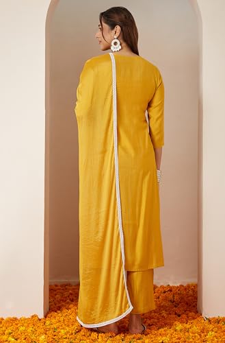 Image of Janasya Women's Silk Blend Embroidered Straight Kurta Set