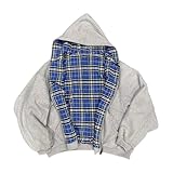 Lunoakvo Mens Oversized Reversible Hoodies Women Plaid Preppy Hoodie Streetwear Vintage Zipper Hooded Sweatshirt Grey