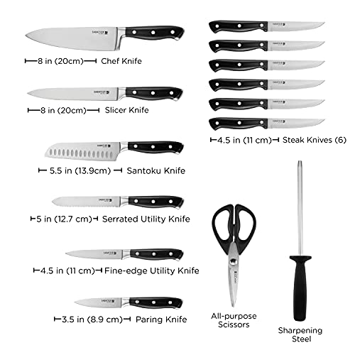 Sabatier 15-Piece Forged Triple Rivet Knife Block Set, High-Carbon Stainless Steel Kitchen Knives, Razor-Sharp Knife Set With Acacia Wood Block, Black Handles #TOP2