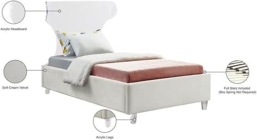Vista 5 de Meridian Furniture Colección Ghost Modern Cama tapizada de terciopelo contemporánea con cabecera y patas acrílicas, tamaño individual, color crema