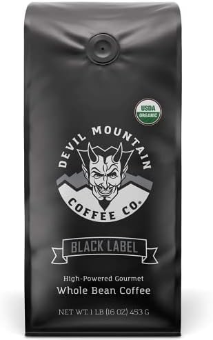 Devil Mountain Coffee Black Label Dark Roast Whole Bean Coffee, Strong High Caffeine Coffee Beans, USDA Organic, Fair Trade, Gourmet Artisan Roasted, Strongest Coffee in the World, 16 oz Bag