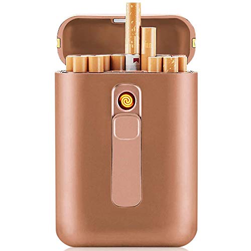 ZH Cigarette Case with Lighter, Cigarettes Portable King Size Cigarettes Cigarettes Box 20 pcs Regular, USB Lighters 2 in 1 Rechargeable Flameless Windproof Electric Lighter,Gold