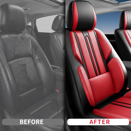 Image of Fit Terrain Car Seat Covers (Only Front 2 Seats) Compatible with GMC Terrain 2010-2024 2025 2026 - Full Coverage Breathable Leather,Airbag Compatible,Waterproof & All-Weather,Black-Red