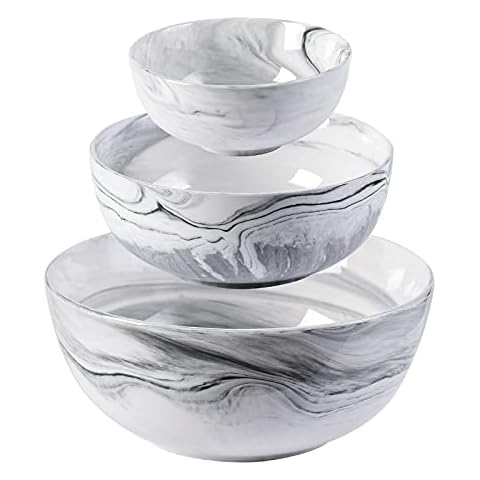 Yundu Ceramics Marble Large Mixing Bowl Sets for Kitchen, Nesting Bowls for Space Saving Storage, Serving Bowls, Set of 3-84/45/15 Ounces Cover