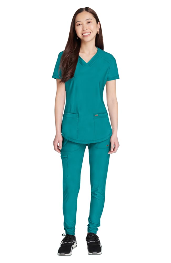 Cherokee Conjunto de uniforme médico para mujer, 7 bolsillos, cuello en V, dobladillo curvado CK840 y pantalón de pierna cónica de tiro medio CK095, azul caribeño, parte superior XXS y pantalón XS