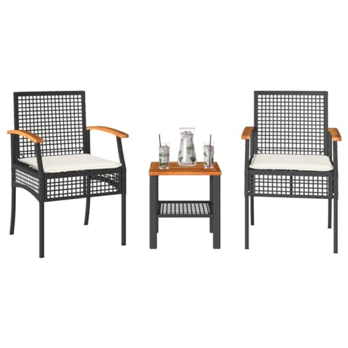ShGaxin Mesita y sillas con Cojines 3 pzas ratán PE Madera Acacia Negro, Set Exterior Jardin, Conjunto Mesa Y Sillas Terraza, Jardin Muebles Exterior Terraza   366259