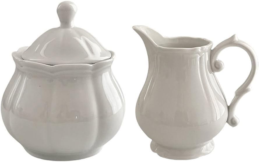 WAIT FLY Vintage Embossed Ceramic Creamer and Sugar Bowl Set, Cream Pitcher, Sugar Bowl with Lid, Coffee Serving Set-White-Creamer Bowl Set