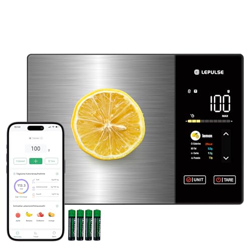 Digitale Küchenwaage mit Nährwertberechnung, Lebensmittelwaage mit 24 Nährwertanalyse, 5kg Edelstahl-Ernährungswaage, TFT Farbdisplay, 50 Offline & unbegrenzte Kalorienanalyse per App, Tara Funktion