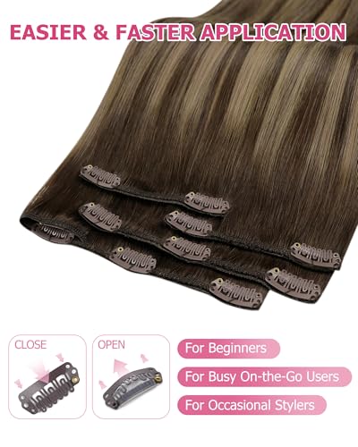 Image of YoungSee Balayage Clip in Human Hair Extensions 22 Inch Brown Clip-in Hair Extensions for Long Length, Dark Brown with Caramel Blonde Balayage Gentle Clip in Extension for Sensitive Scalp 22 Inch 120G