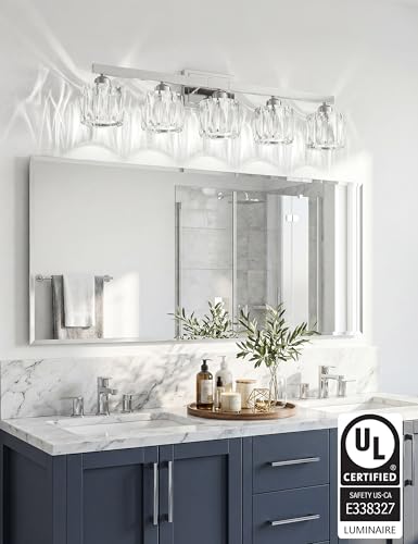 Image of VOLISUN Crystal Vanity Lights for Bathroom, 5 Light Bathroom Vanity Light, Modern Stainless Steel Bathrooms Lights Over Mirror, Chrome Bathrooms Lights Fixtures-UL Certificated(Exclude Bulb)
