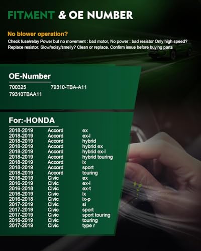 Image of HVAC Blower Motor Fits for:-Honda Civic 2016 2017 2018 2019, Accord 2018 2019, Front Side A /C Heater Blower Motor Replacement OE# 700325, 79310TBAA11, 79310-TBA-A11