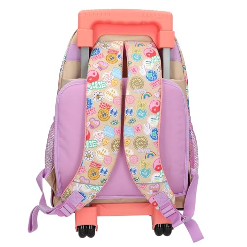 Depesche 13286 TOPModel Girl Power - Schulrucksack Trolley in Lila und Beige, mit Model Motiv und bunten Patches, Schultasche mit Teleskopgriff und Rollen