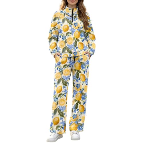Pwnixequ Lemon Floral Womens Quarter Zip Set S-4XL