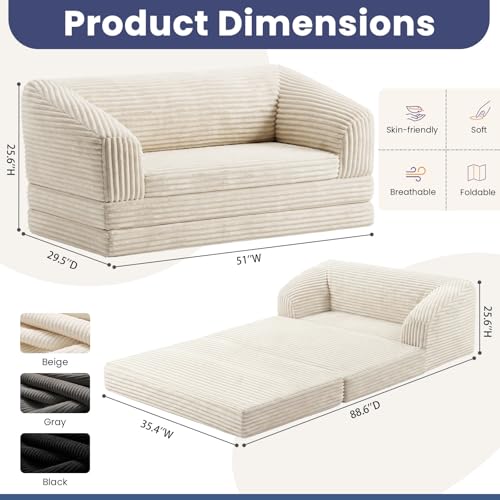 Image of JUIKURY Convertible Sofa Bed, 3-in-1 Foldable Loveseat Couch with Armrest, Corduroy Floor Sofa & Sleeper Bed, No Assembly High-Density Foam Futon Mattress for Living Room, Small Apartment, Dorm