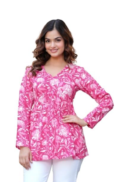 Women's Floral Print Cotton Top | Stylish V-Neck 3/4 Sleeve Tunic for Girls & Ladies | Lightweight Summer Casual & Office Wear Kurti Top-picture-20