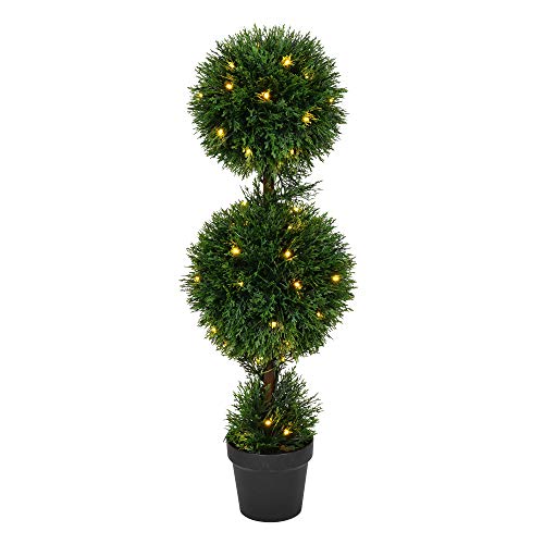 Vickerman Everyday 3 Foot Tall Artificial Pre-Lit Cedar Topiary Double Ball Tree - UV Resistant Indoor Outdoor - Potted Natural Green - Home Patio Porch Faux Decor