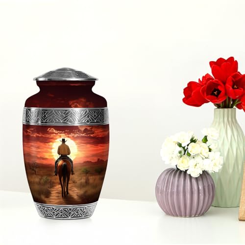 Image of Cowboy Cremation Urns for Human Ashes - Horse Urn for Ashes Adult Male Dad - Sunset Funeral Urns for Women - Large Decorative Urn for Adult Female (Size:- 10 Inch 1 Pc)