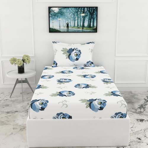 Image of LORETO - A QUALITY LINEN BRAND 210 TC 100% Pure Cotton Single Fitted Bedsheet with 1 Pillow Cover for 78 x 36 Inch Mattress, All-Around Elastic, 8 Inch Deep Pocket, Navy Floral
