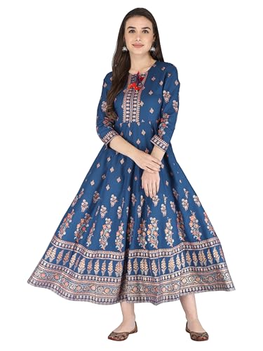 Image of Aj Art Anarkali Kurti for Women and Girls Floral Golden Print Regular Slim Fit Rayon Blue (Set of 1)