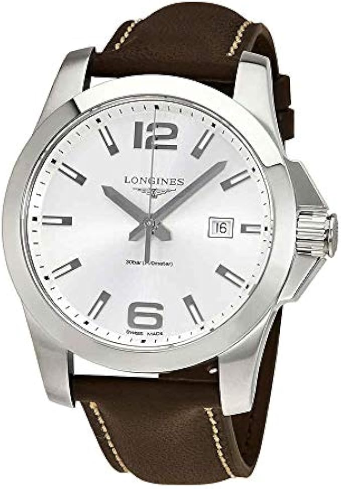 Longines Conquest Silver Dial Brown Leather Men's 43mm Watch L37604765