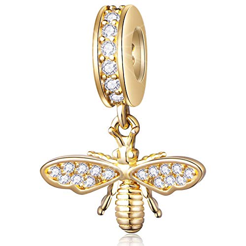 CHAWINSparkling Queen Bee Charms Gold Plated 925 Sterling Silver Dangle Charm Insects Nature Garden Beads with Clear CZ Compatible with Pandora Charms Bracelet Necklace Gifts for Women/Wife/Mother/Sister, Sterling Silver, Cubic Zirconia