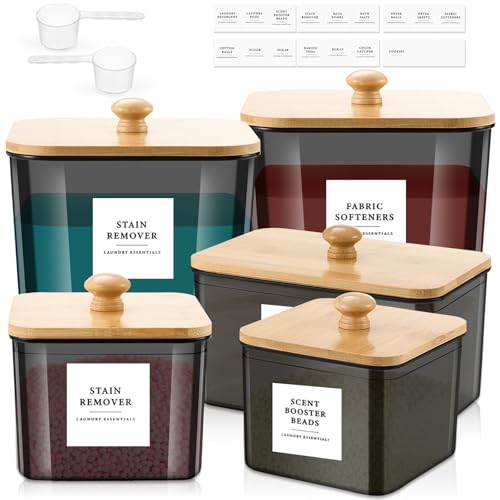 Cinnvoice 5 Pcs 3 Sizes Laundry Powder Container Plastic Laundry Organizer and Storage Jars with Lids Scoops and Labels Laundry Detergent Storage for Laundry Room Organization