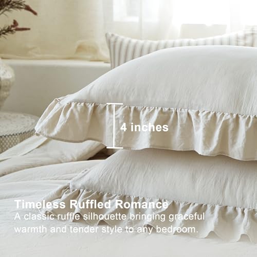 Image of Beige Ruffle Comforter Set King, Pre-Washed Shabby Chic Bedding Set, Lightweight Cottagecore Soft Romantic Cozy 1 Comforter & 2 Shams, All-Season