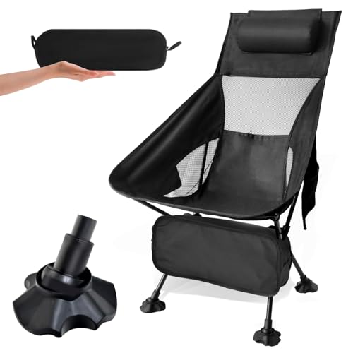 Campingstuhl Faltbar Klein 120kg,Ultraleicht Mini Camping Stuhl Kompakt und Froschfüße,Mit Seitentaschen und Kopfstützen,Stuhl mit Hohem Rücken,Zum Angeln im Freien/Wandern(Hoher Rücken, Schwarz)