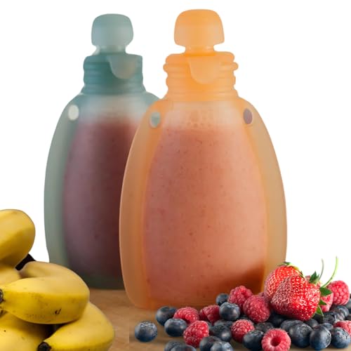 Reusable Silicone Food Pouch for Baby and Toddlers, Squeezable Pouch, Squeeze Pouch, Easy Clean Silicone Pouch for Pre-K and School, Homemade Baby Food Storage, 4oz (Blue-Orange-2 Pack)